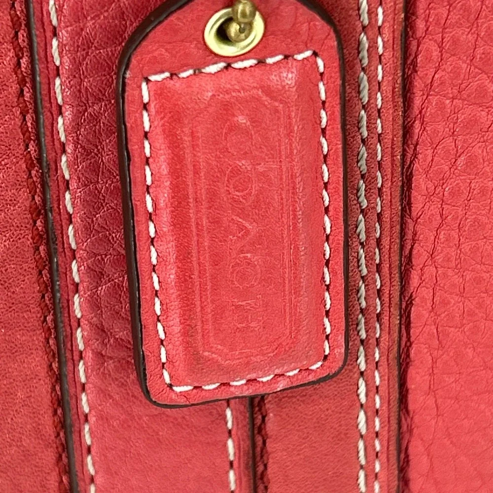 Coach Red Pebbled Leather Satchel Handbag White Contrast Stitching Gold Hardware